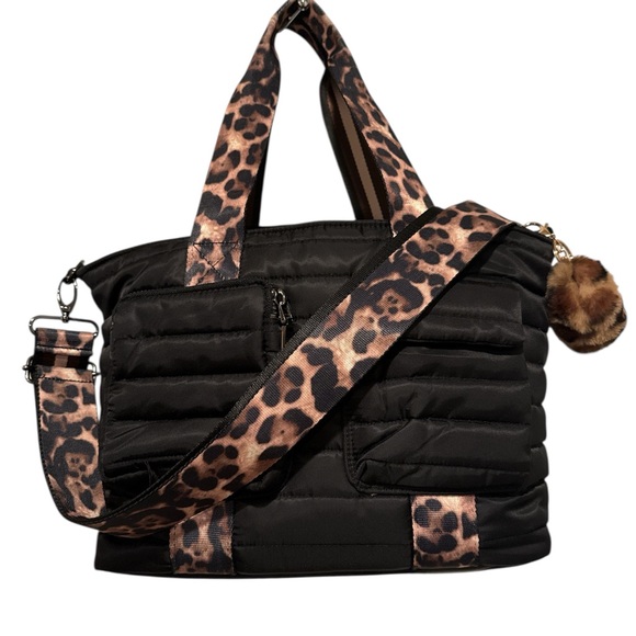 THINK ROYLN Handbags - Think Royln Jr Jetset Wingman Black Quilted Bag with Leopard Print Straps